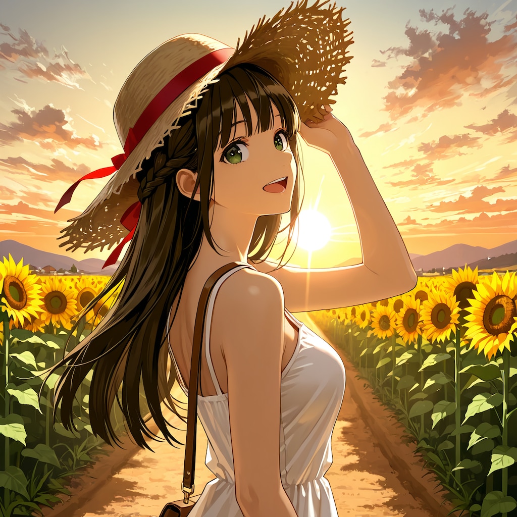 夕陽と向日葵が似合う美少女(モデル：あかり)