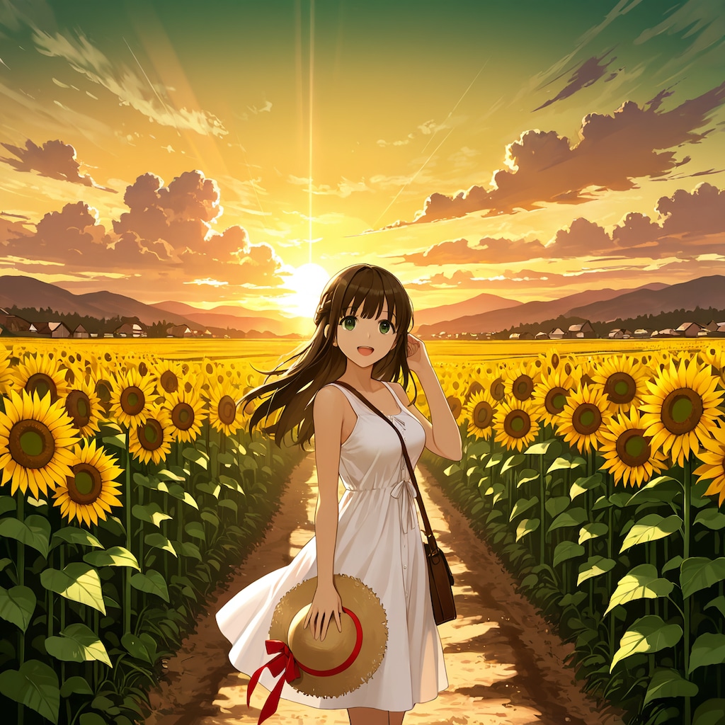 夕陽と向日葵が似合う美少女(モデル：あかり)