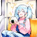 電車でおにぎりを食べる青髪ちゃん 2枚目