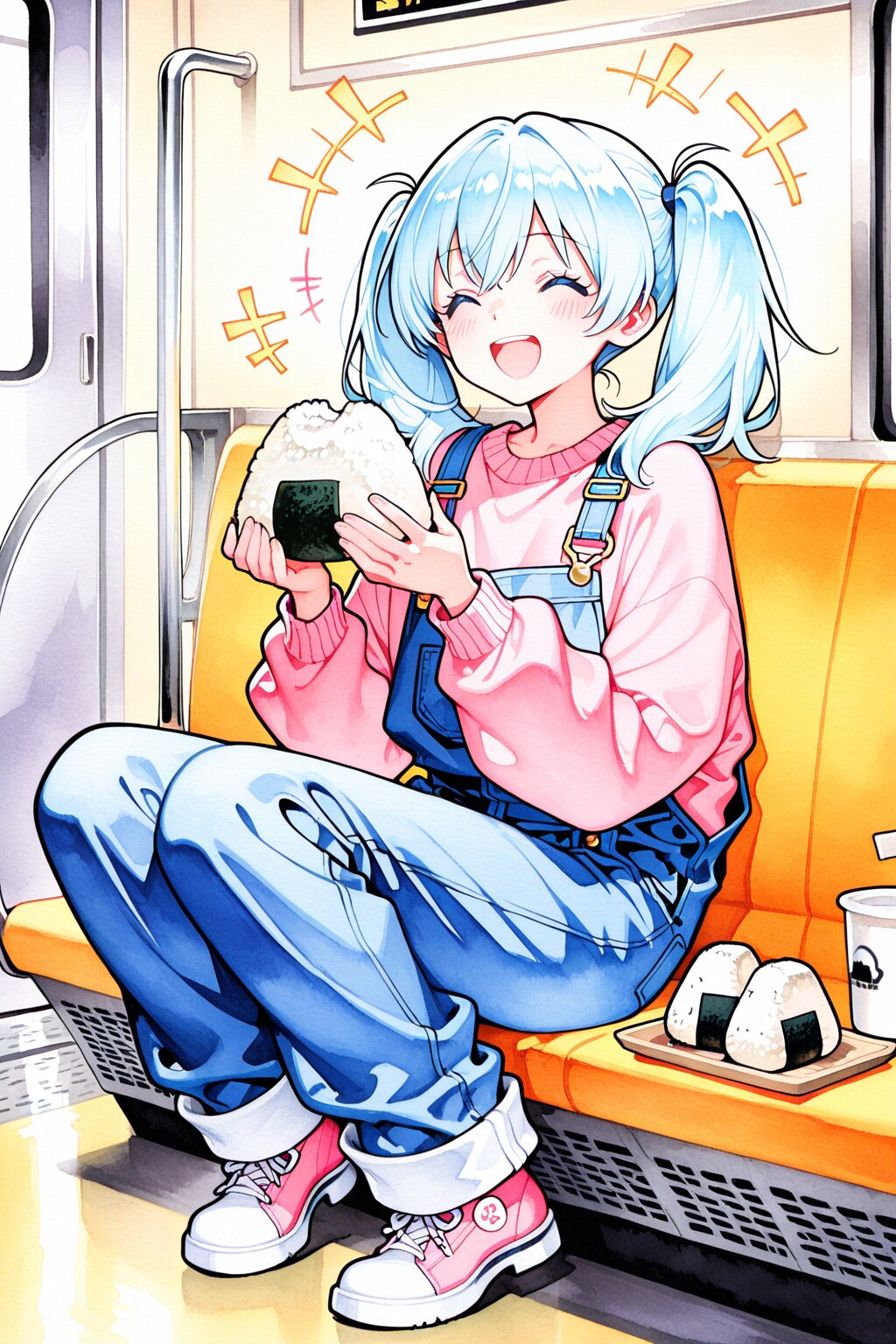 電車でおにぎりを食べる青髪ちゃん