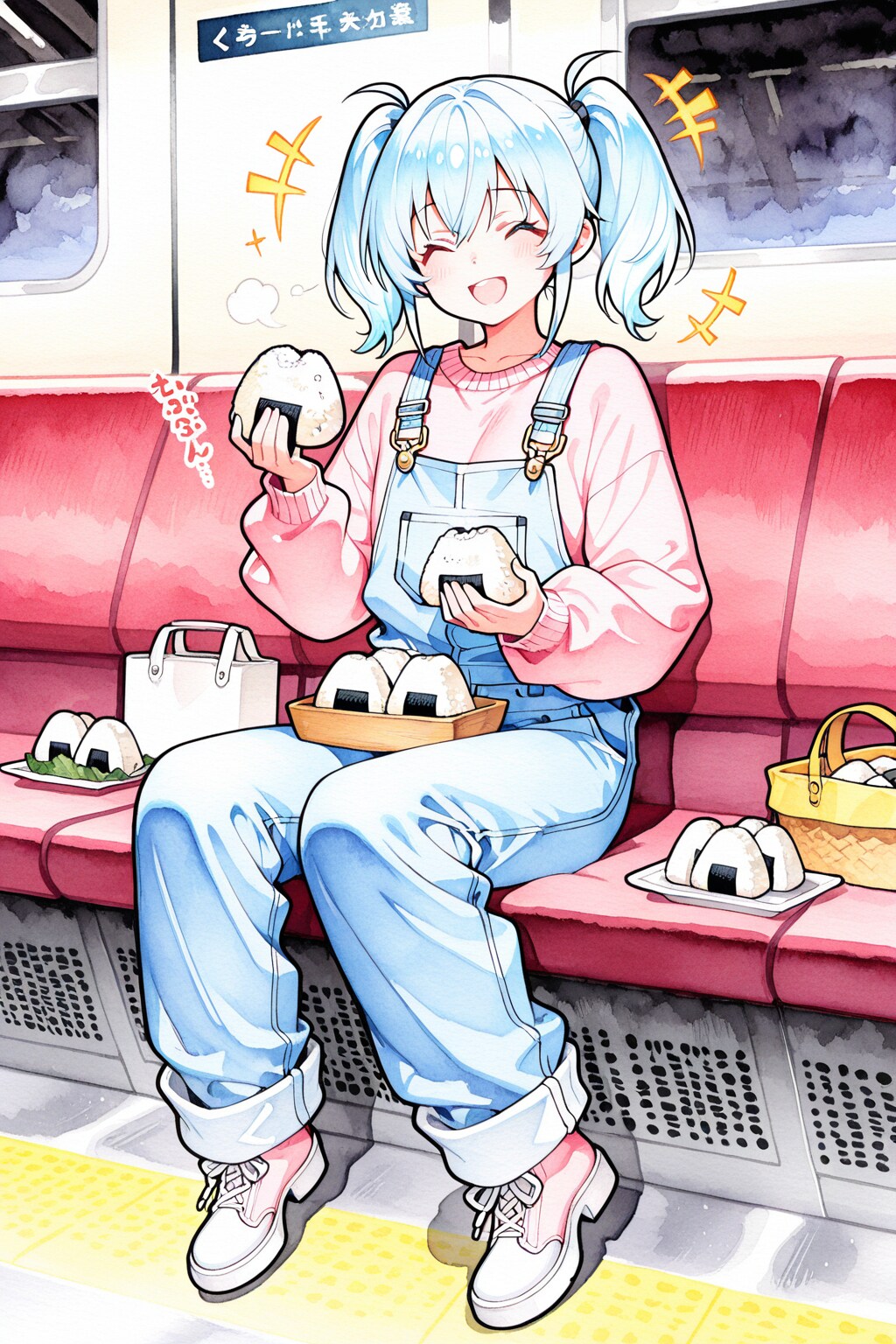電車でおにぎりを食べる青髪ちゃん