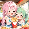 仲良くフライドポテトを食べる小さな女の子たち 2枚目