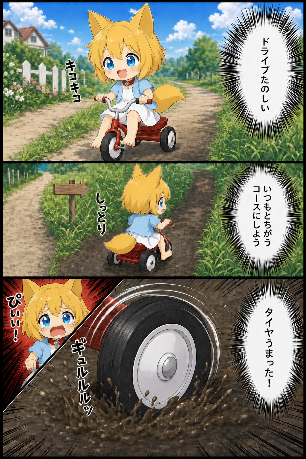 車輪がぬかるみにはまって身動きが取れなくなるキツネ