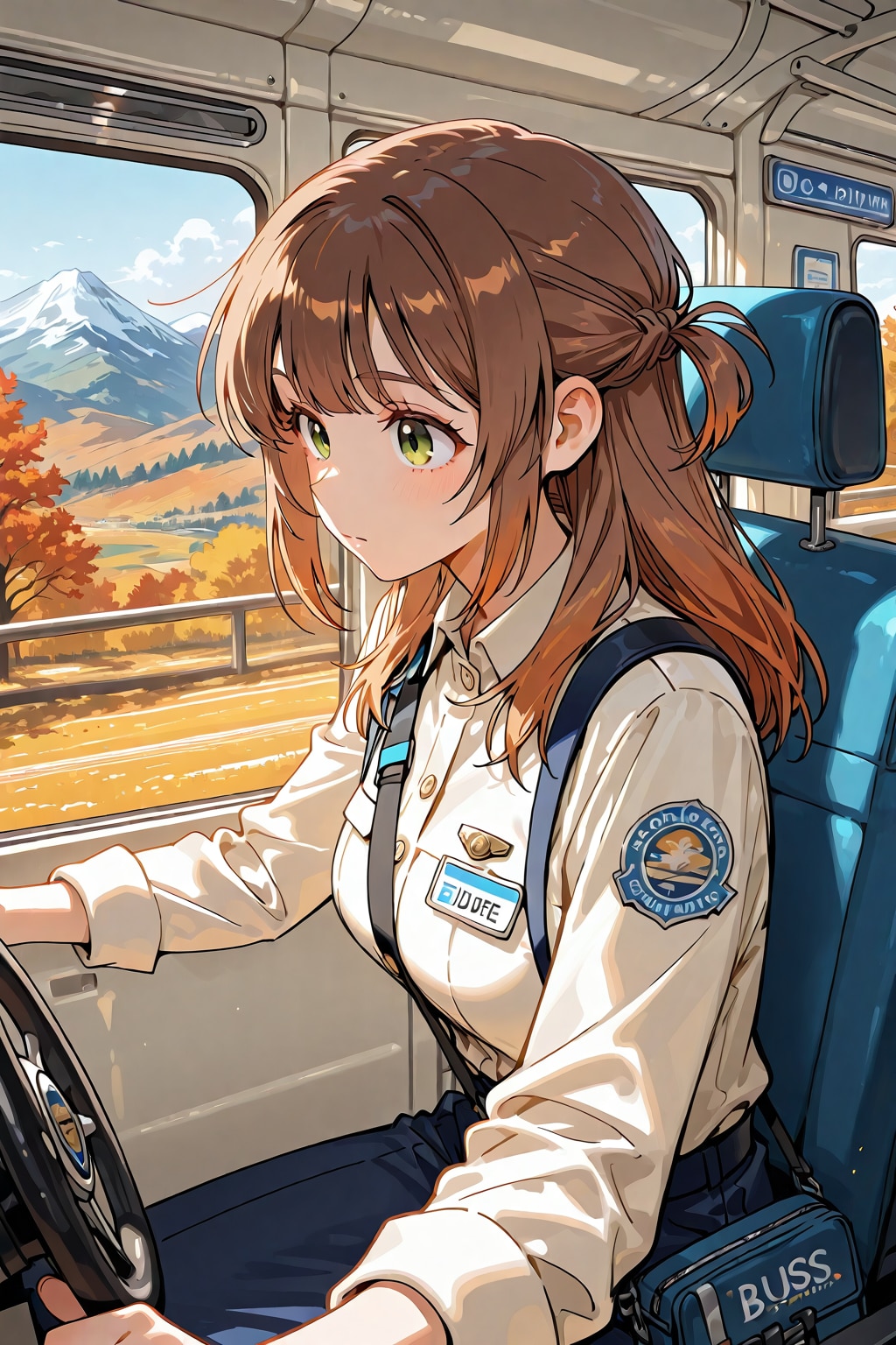 バスを運転するバスガイド