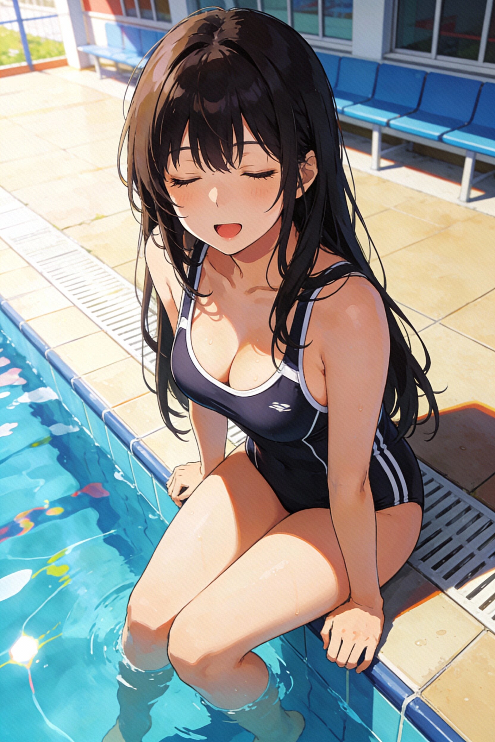 プールサイドに腰掛け