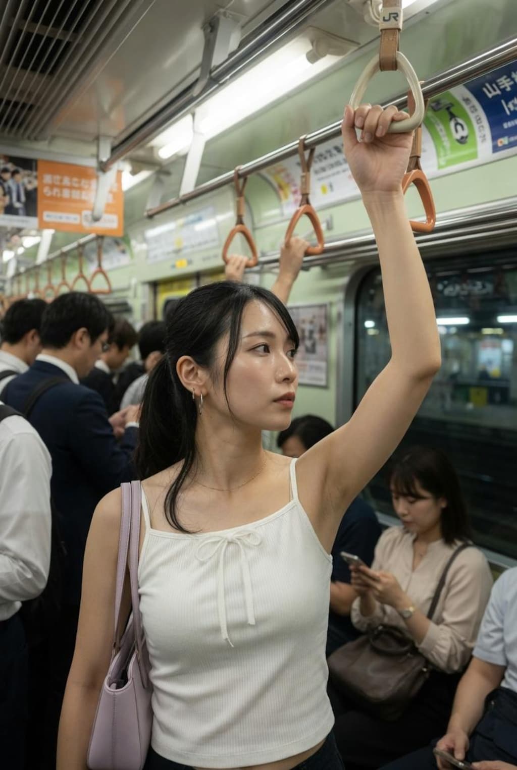 つり革につかまっている女性
