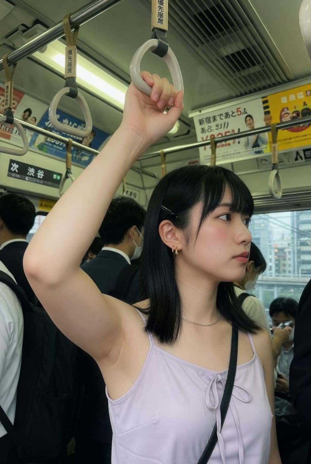 つり革につかまっている女性
