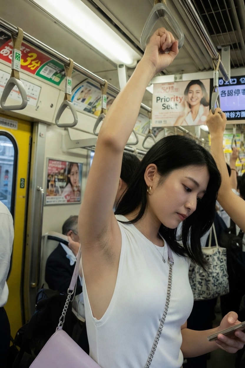 つり革につかまっている女性