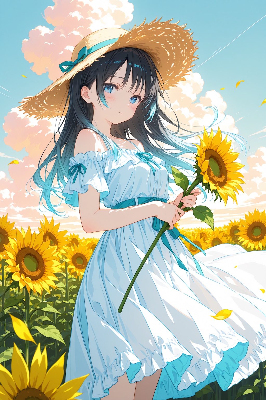 白いワンピースと麦わら帽子とひまわり