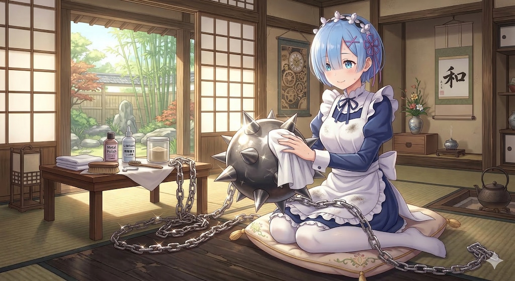 レムさん武器のお手入れ中