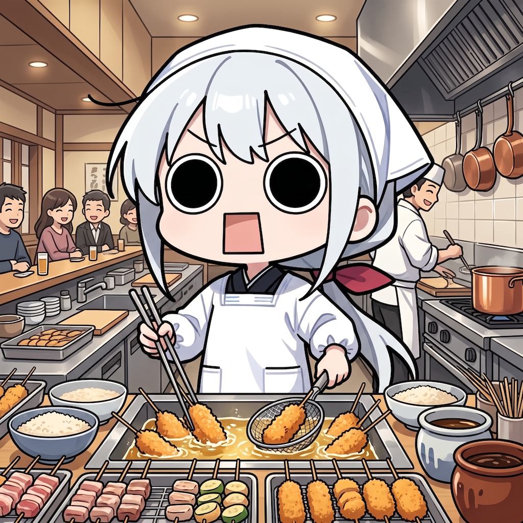 串カツを調理するえらいこっちゃ嬢