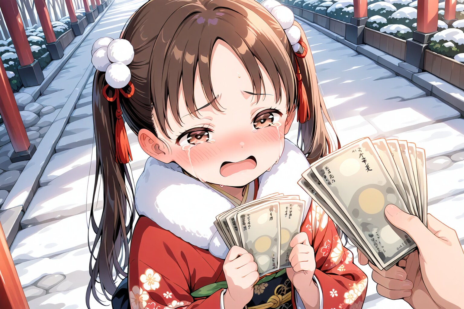 ママにお年玉を預かられて泣いているメスガキ | の人気AIイラスト・グラビア