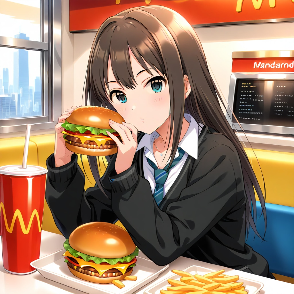 ハンバーガーで食事する渋谷凛