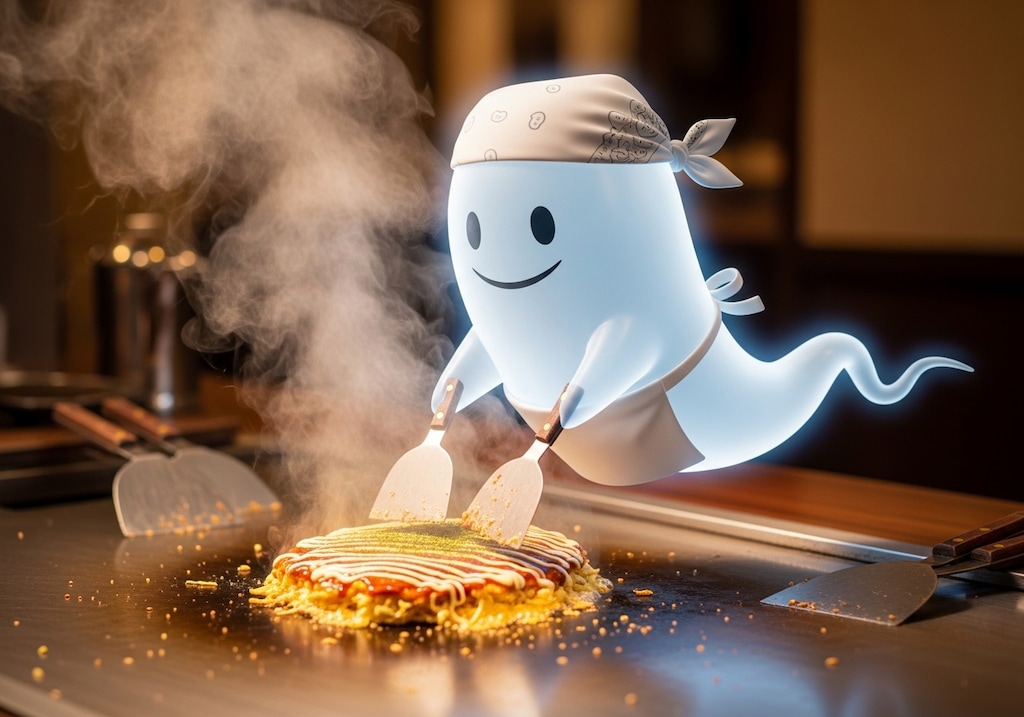 お好み焼きを作るお化け大将