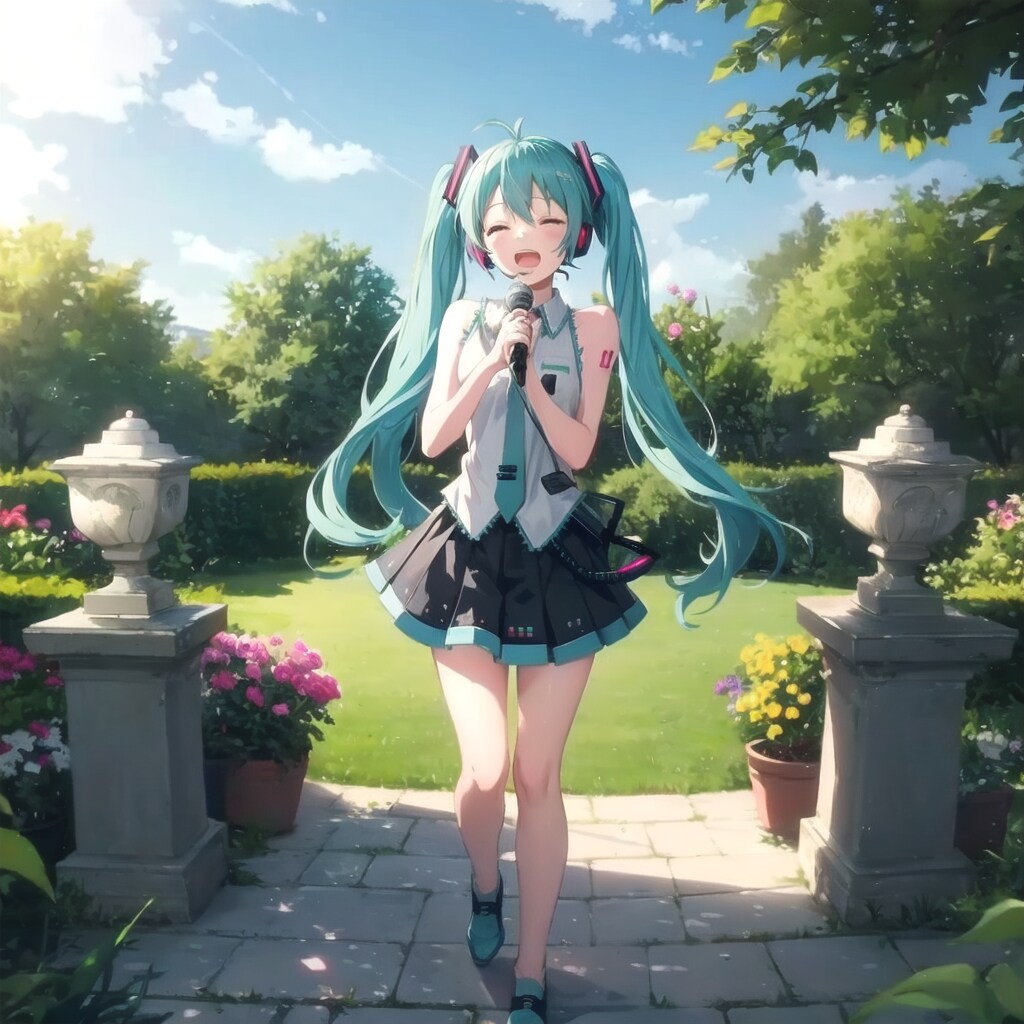 初音ミクが庭で歌っている