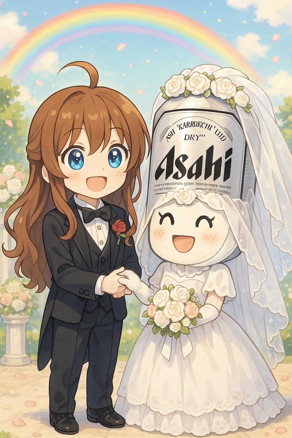 6月の花嫁のビール缶と小さな女の子