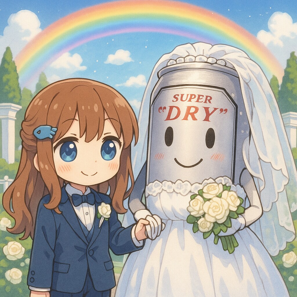 6月の花嫁のビール缶と小さな女の子