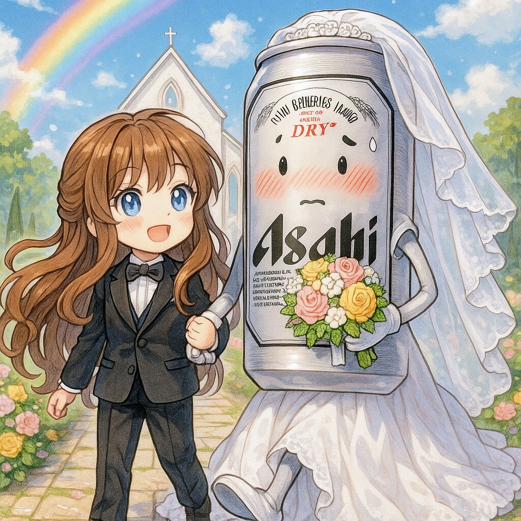 6月の花嫁のビール缶と小さな女の子