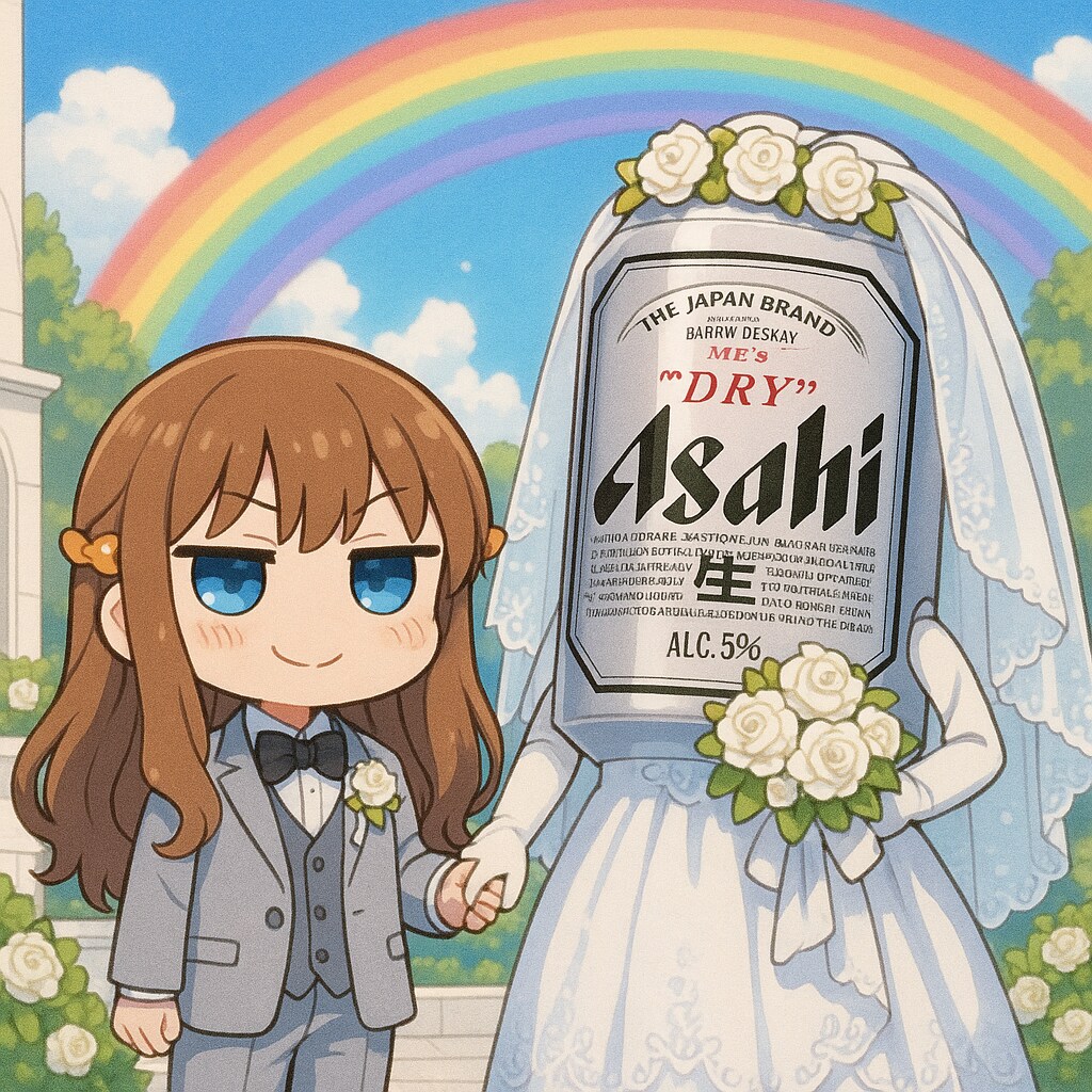 6月の花嫁のビール缶と小さな女の子