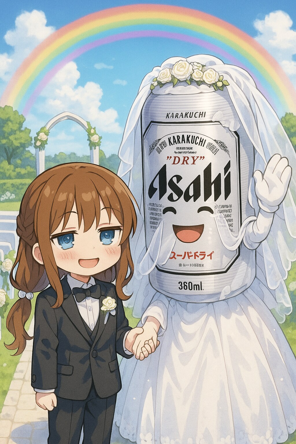 6月の花嫁のビール缶と小さな女の子