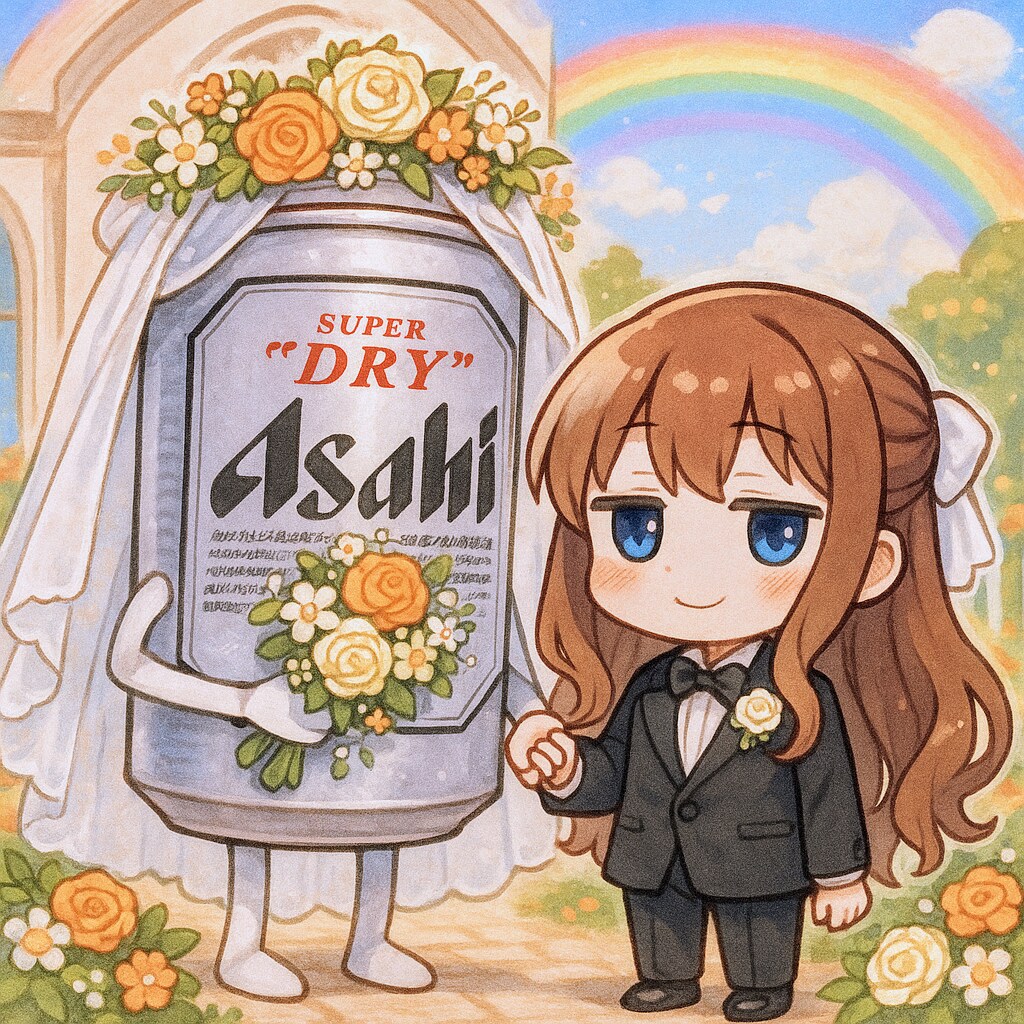 6月の花嫁のビール缶と小さな女の子