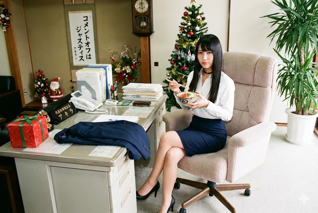 社長の椅子で沖縄そばを食べている秘書