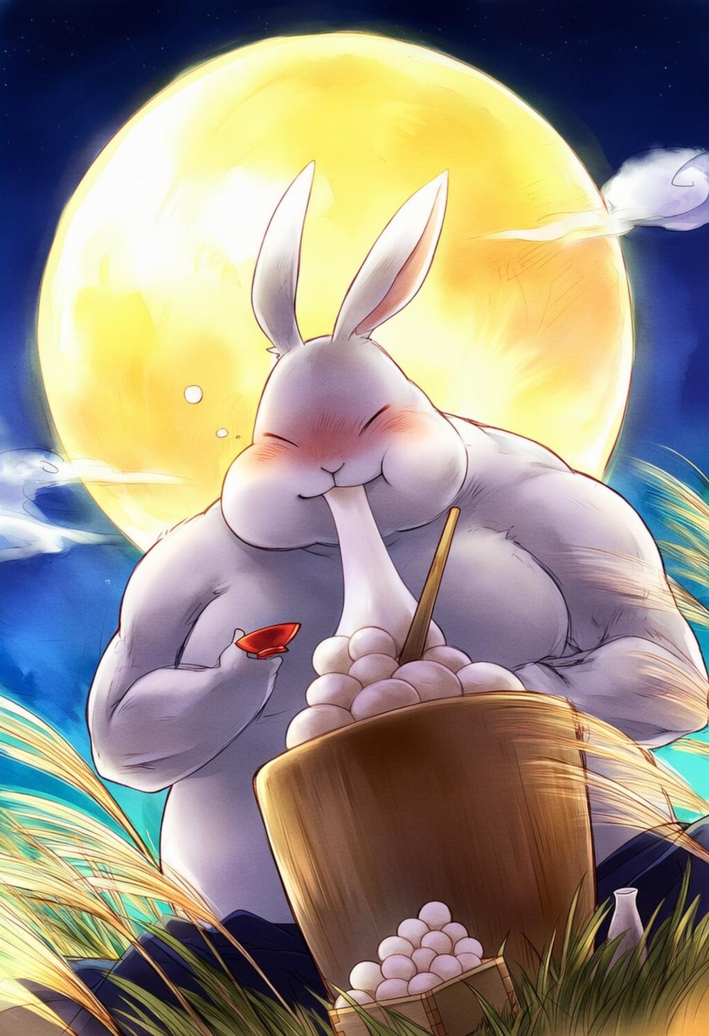 ファンタジー風水彩ウサギのお月見＆ホラー風お月見うさぎに追われる悪夢