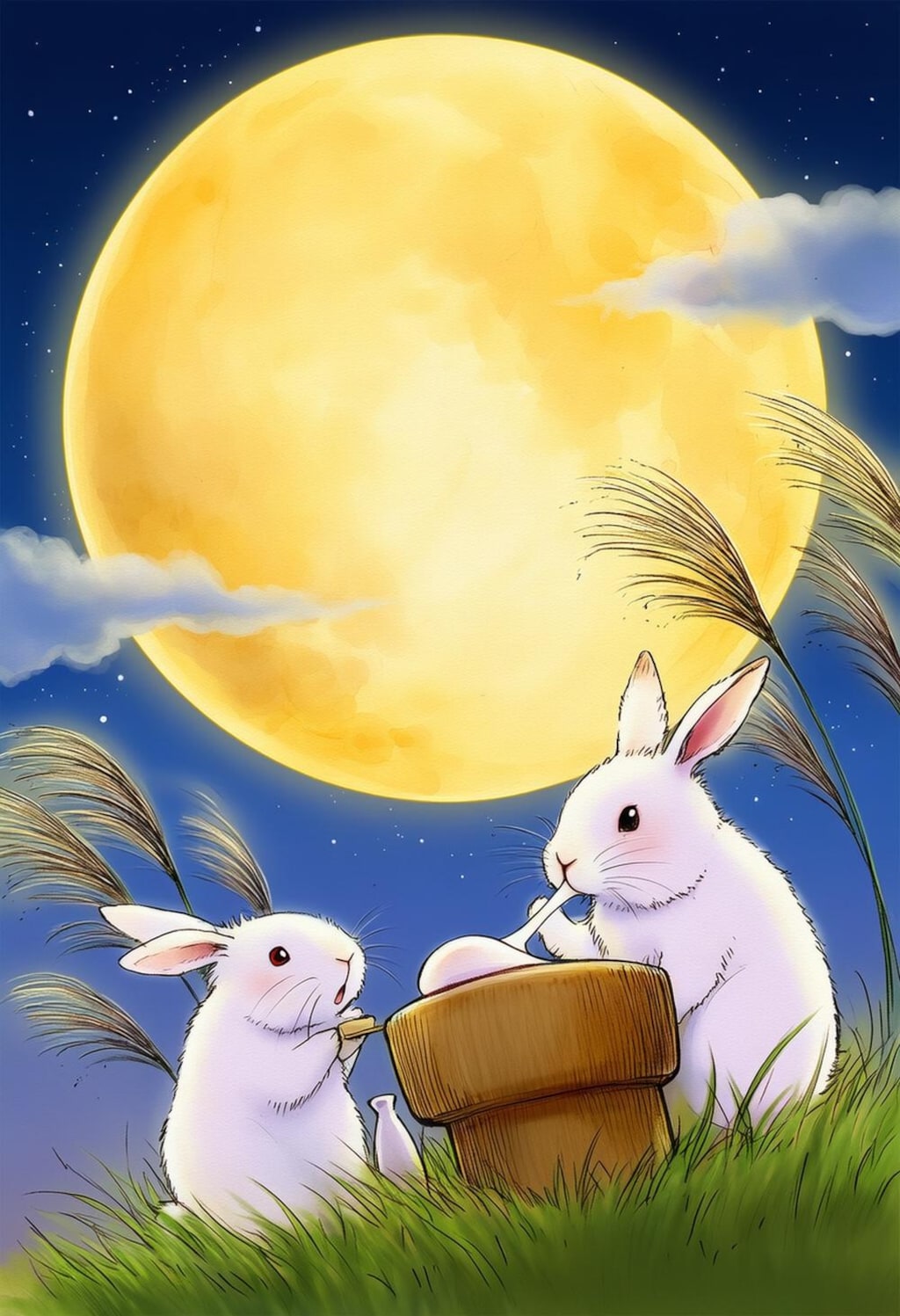 ファンタジー風水彩ウサギのお月見＆ホラー風お月見うさぎに追われる悪夢