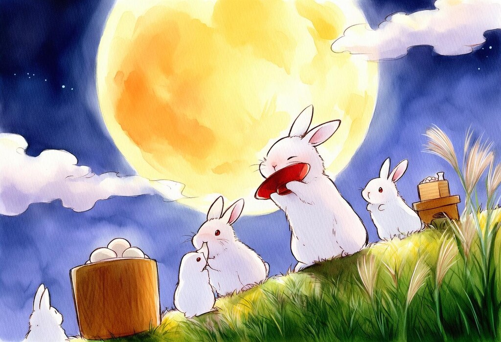 ファンタジー風水彩ウサギのお月見＆ホラー風お月見うさぎに追われる悪夢