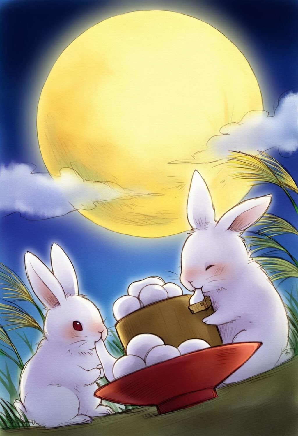 ファンタジー風水彩ウサギのお月見＆ホラー風お月見うさぎに追われる悪夢