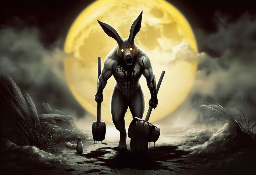 ファンタジー風水彩ウサギのお月見＆ホラー風お月見うさぎに追われる悪夢