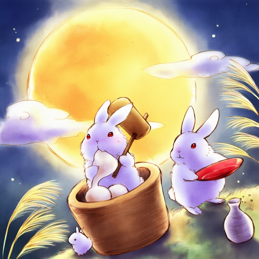ファンタジー風水彩ウサギのお月見＆ホラー風お月見うさぎに追われる悪夢