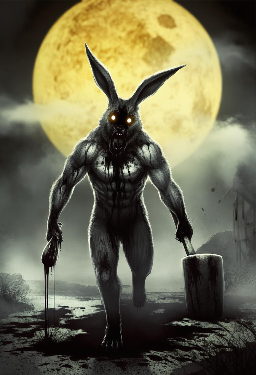 ファンタジー風水彩ウサギのお月見＆ホラー風お月見うさぎに追われる悪夢