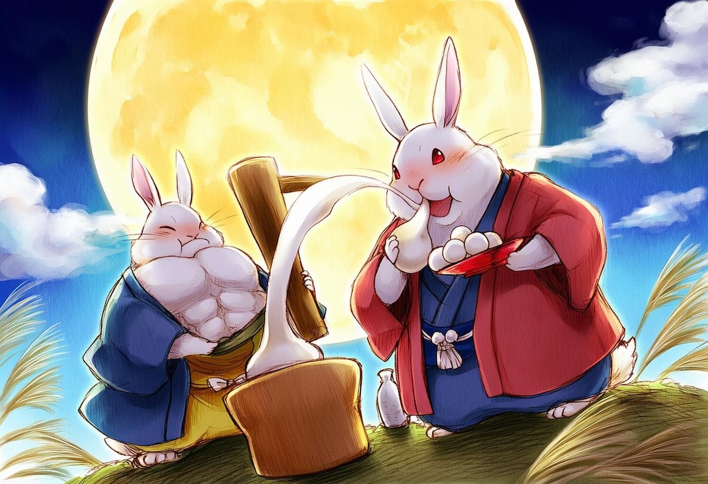 ファンタジー風水彩ウサギのお月見＆ホラー風お月見うさぎに追われる悪夢