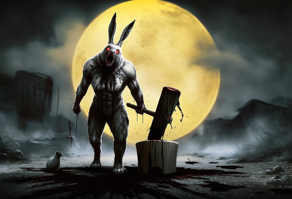 ファンタジー風水彩ウサギのお月見＆ホラー風お月見うさぎに追われる悪夢