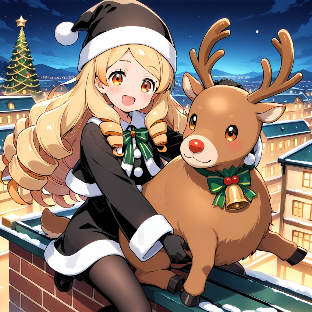 袋の代わりにいろいろ食べる太めのトナカイを連れている怖いダークサンタな少女