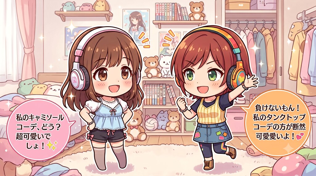 【ヘッドホン女子🎧】の【#キャミ対タンクトップ】対決