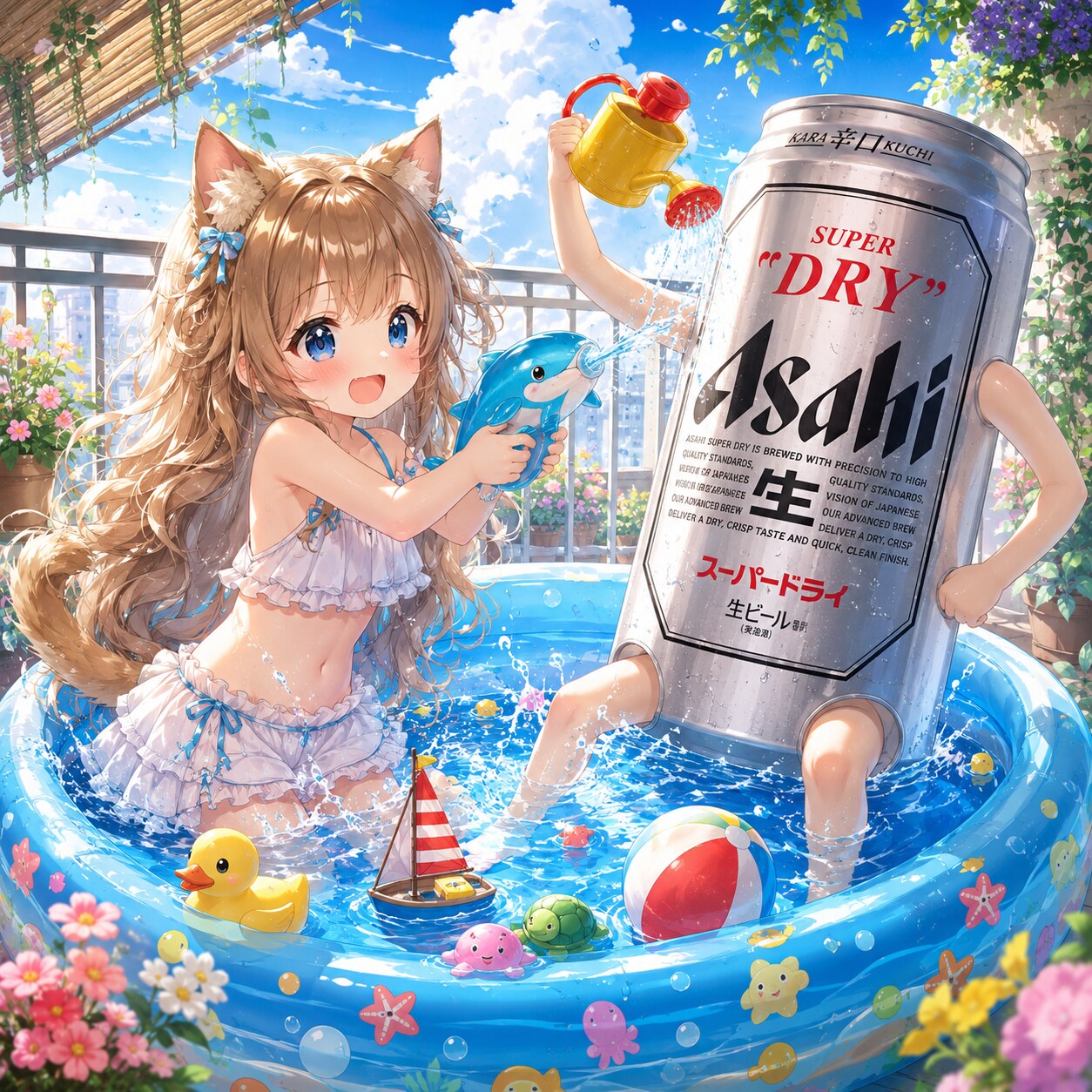 ビニールプールで遊ぶ小さな女の子