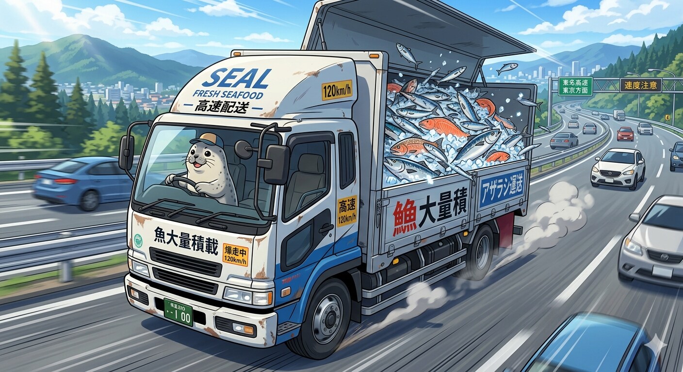 大量に積んだ魚を運ぶアザラシ