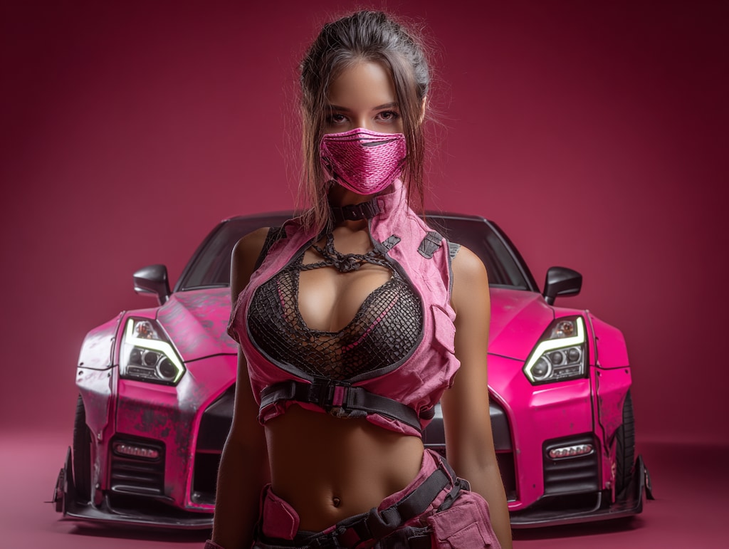 くノ一ピンクとスポーツカー