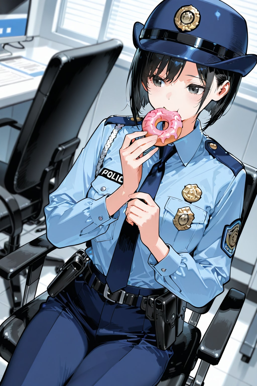 ドーナツを食べる警官