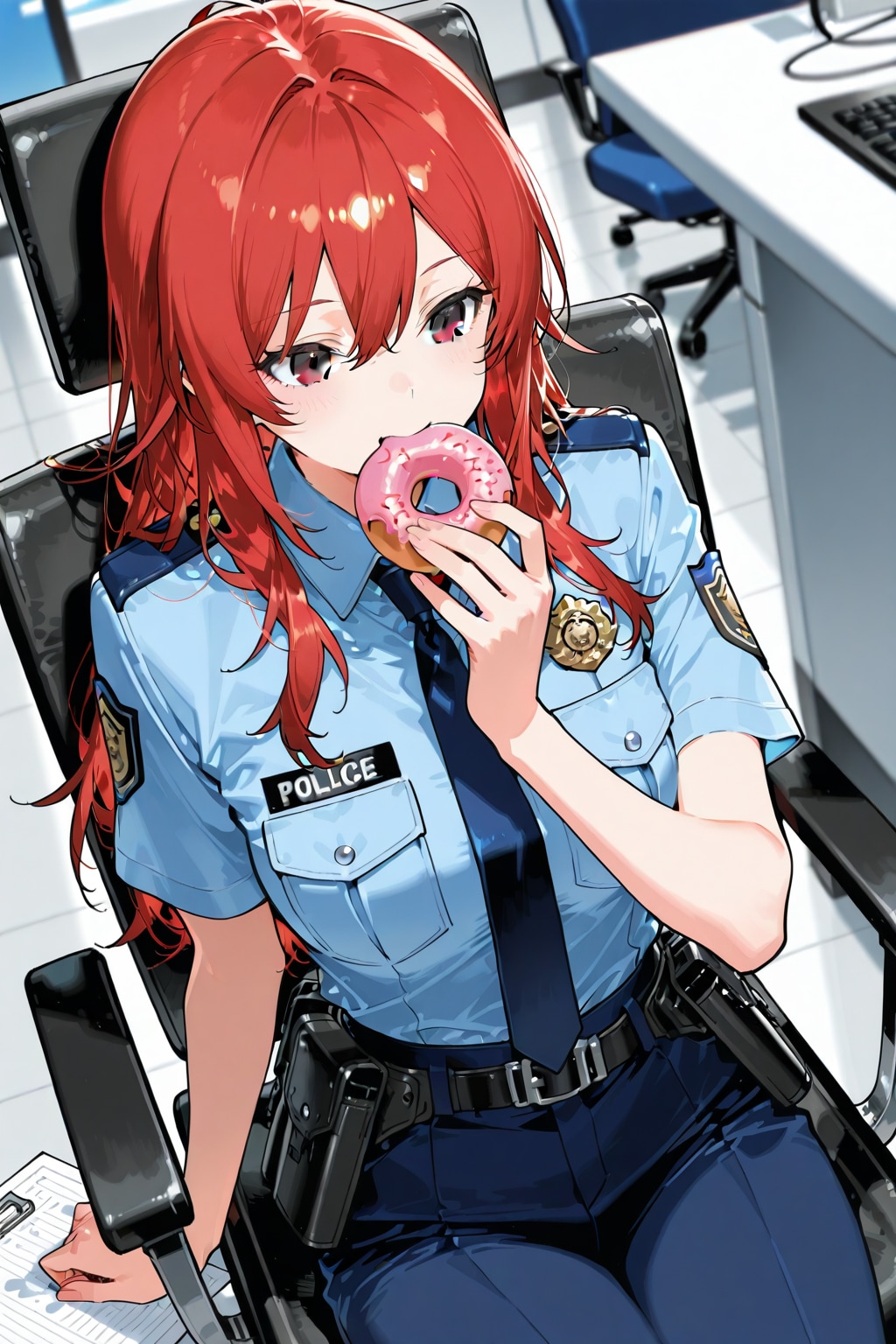 ドーナツを食べる警官