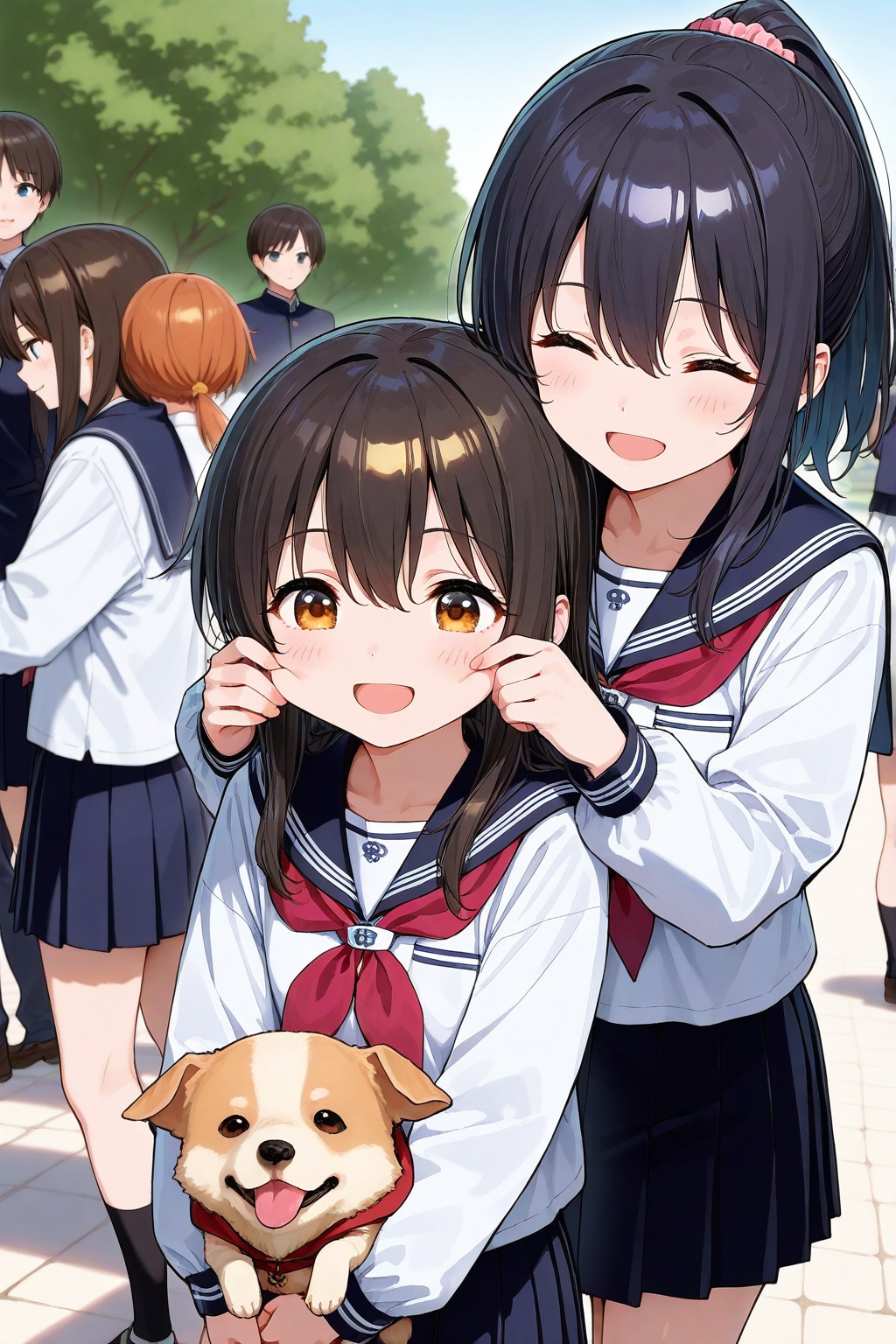 子犬と一緒に、笑顔で登校！ | の人気AIイラスト・グラビア