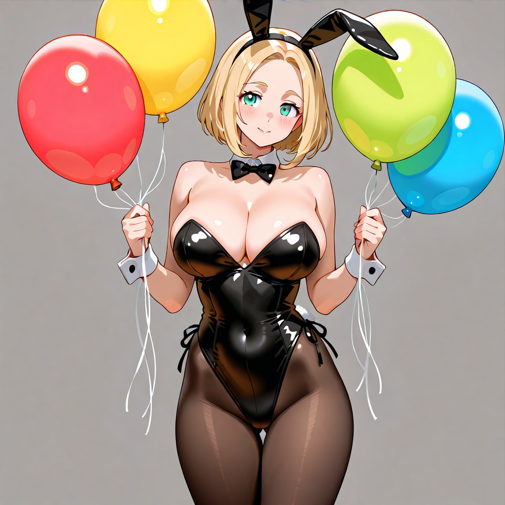 いっぱい色とりどりの風船を持つブロンドロングのバニーガール衣装着た美女