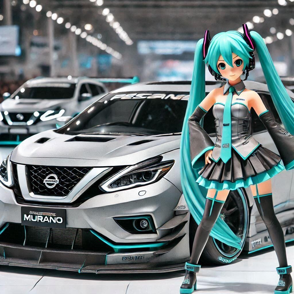 初音ミクキャラとグレーカラー日産ムラーノのドリ車