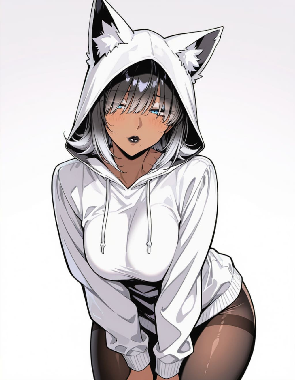 褐色銀髪のケモ耳パーカー娘