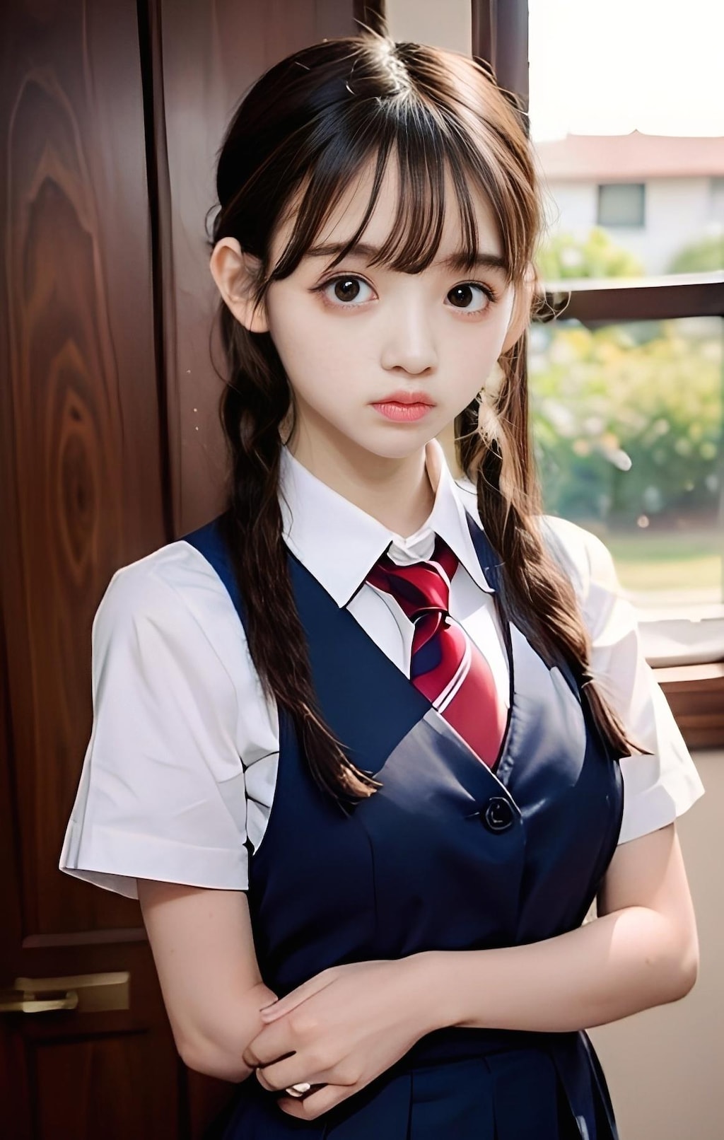 三つ編みをした制服少女