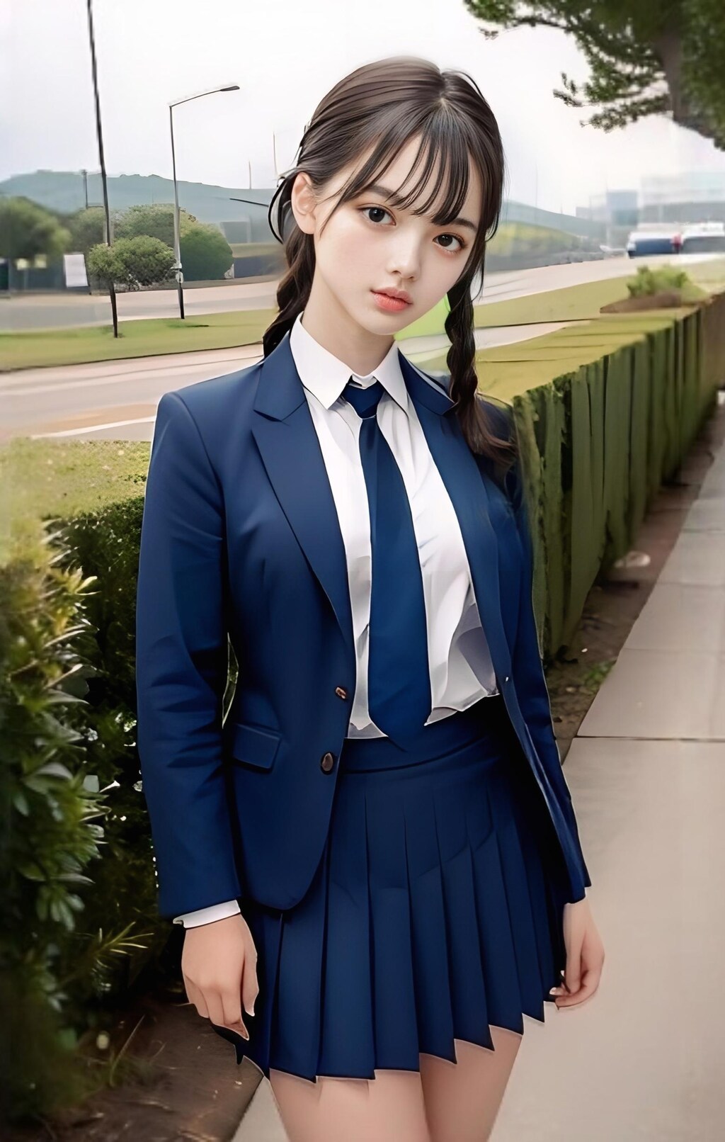 三つ編みをした制服少女