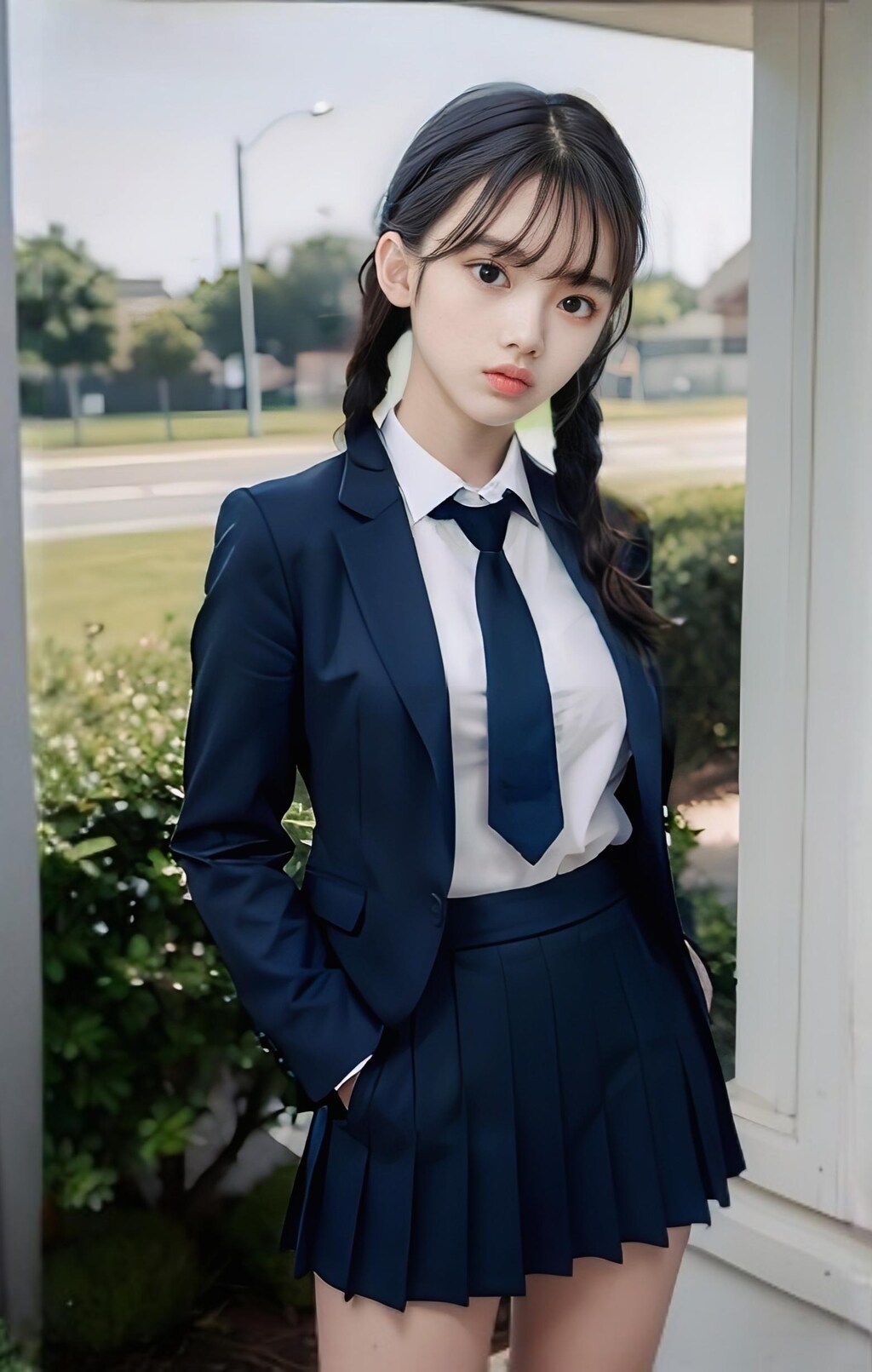 三つ編みをした制服少女