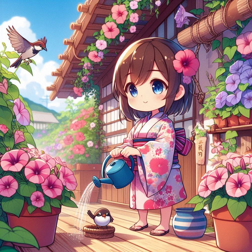 朝顔に水をやる女の子